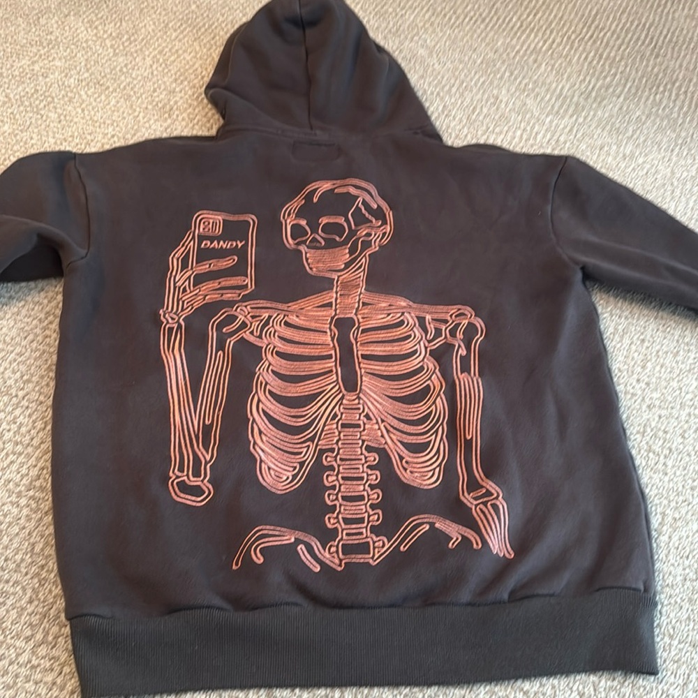 Dandy Worldwide “Self Care” Embroidered Hoodie Pink Grey Skeleton Streetwear M